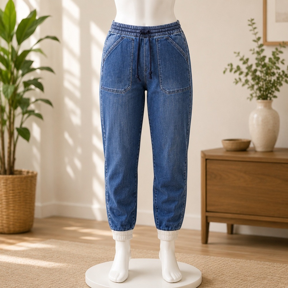 Democracy‎ Jogger Jeans Womens 10 Blue High Rise Drawstring Elastic Cuff Denim